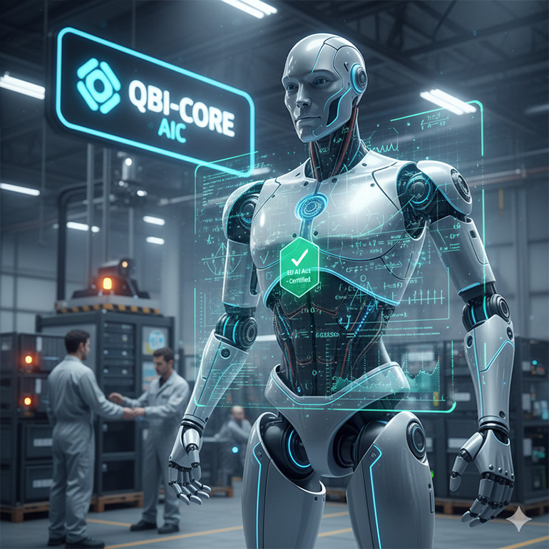 A humanoid robot with an AI overlay. AI needs to be certifiably transparent for wider use in robotics.