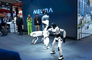 NEURA Robotics' quadruped, 4NE1 humanoid robot, and 4NE1 Mini at CES 2026.