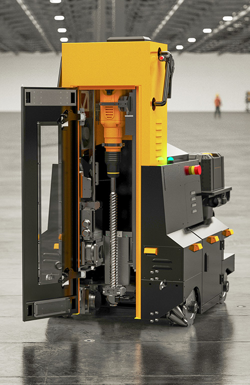 Close up of the DEWALT drilling rig on the Lionel robot platform.