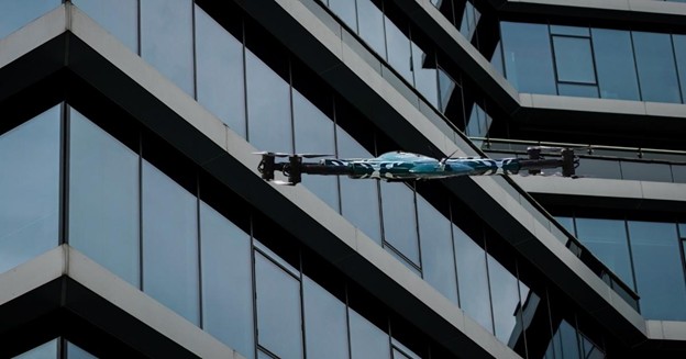 An aerial drone outside a building. Privacy is a consideration, says DroneAsAService.