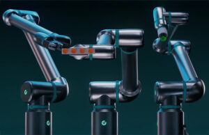 Three robotic arms. RobCo applies physical AI and modular hardware to industrial automation.