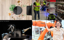 A Roomba, a Fetch robot, robot arms training, and Melonee Wise standing with a KUKA arm.