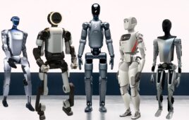 From left to right: Unitree's humanoid, Boston Dynamics' Atlas, Figure AI's 02, Apptronik's Apollo, and Tesla's Optimus robot.