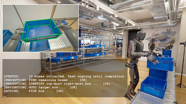 a menteebot humanoid robot picks up a tote.