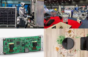 Boston Dynamics' Atlas, the Automate showfloor, a RealSense chip, and the Roomba floor cleaner.