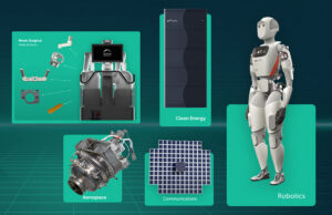 Collage of machine parts and automation. Fictiv and MISUMI surveyed industry leaders, who said that robotics and AI are essential to manufacturing competitiveness.