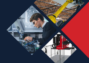 Design for manufacturing text with maxon logo and sub images of robots.