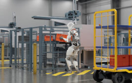 An Apptronik robot picking up a bin.