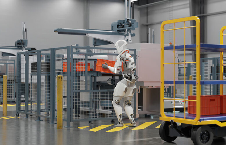 An Apptronik robot picking up a bin.