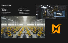 A split image of a large-scale Intelligent Factory alongside a photograph of Machina's RoboCraftsman manufacturing platform.