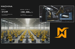 A split image of a large-scale Intelligent Factory alongside a photograph of Machina's RoboCraftsman manufacturing platform.