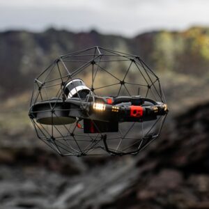 An aerial drone equipped with an Ouster lidar sensor.