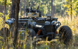 Overland AI’s ULTRA UGV maneuvers through wooded forest with a modular and integrated counter-UAS (unmanned aerial system) capability at a recent field demonstration.