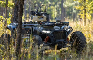 Overland AI’s ULTRA UGV maneuvers through wooded forest with a modular and integrated counter-UAS (unmanned aerial system) capability at a recent field demonstration.