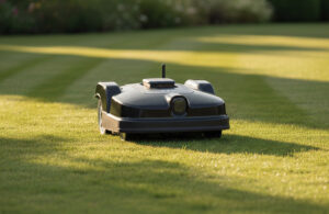 image of an autonomous lawnmower in the middle of a grass field.