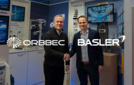 Mike McSweeney, vice president of sales at Orbbec, with Sebastian von Holdt, head of 3D product systems and software at Basler, at LogiMAT 2026.