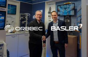 Mike McSweeney, vice president of sales at Orbbec, with Sebastian von Holdt, head of 3D product systems and software at Basler, at LogiMAT 2026.