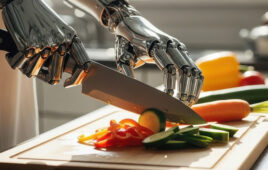 A kitchen robot uses a knife to prepare food. Developers must navigate changing safety regulations while developing consumer robots.