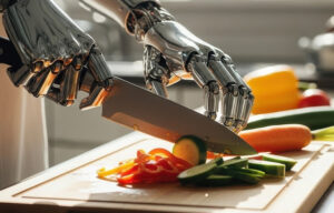 A kitchen robot uses a knife to prepare food. Developers must navigate changing safety regulations while developing consumer robots.