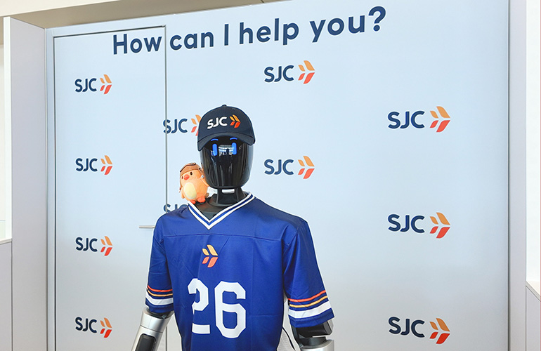 IntBot humanoid robot greets visitors to San Jose Airport