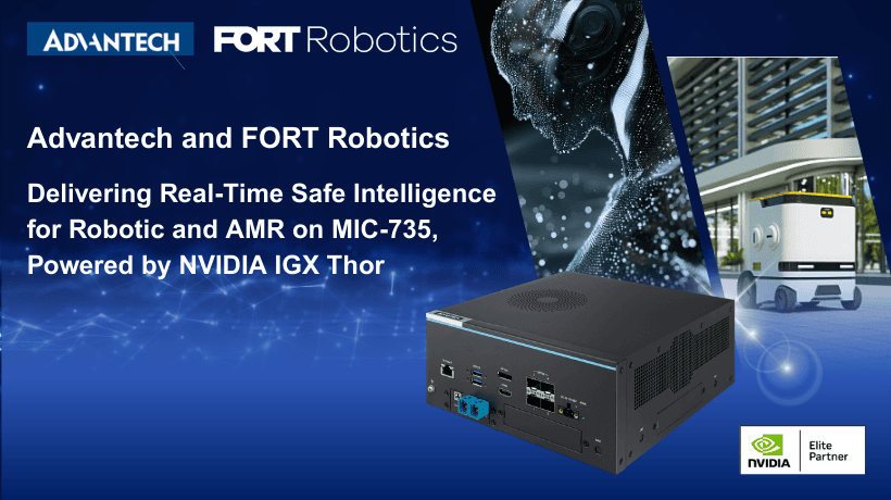 Banner saying Advantech has collaborated with NVIDIA and FORT Robotics to build safety functionality into AMRs.