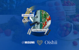MISUMI and Oishii logos. The companies are collaborating on R&D and equipment for vertical farms.