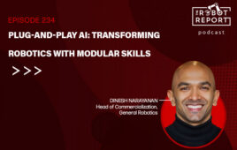 headshot of Dinesh Narayanan, Head of Commercialization, General Robotics and the podcast logo.