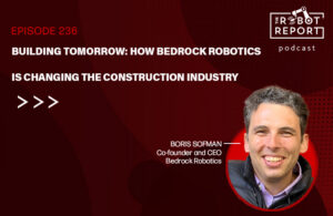 headshot of Bedrock Robotics CEO Boris Sofman, with podcast logo.
