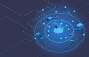 illustration of drones communicating with ground vehicles.
