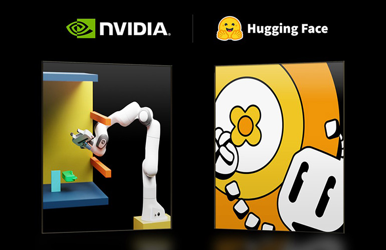 NVIDIA and Hugging Face, logos shown here, are collaborating on open-source software for robotics development.