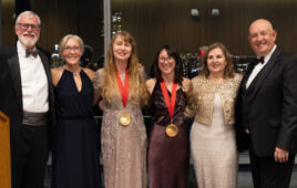 From left to right, Tom Ryden, Joyce Sidopoulos, Maja Matarić, Tania Morimoto, Daniela Rus, and Tye Brady at the 2025 Women in Robotics Gala.