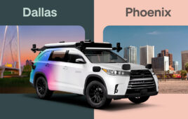 A Zoox test vehicle in front of pictures of Dallas and Phoenix.