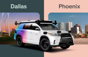 A Zoox test vehicle in front of pictures of Dallas and Phoenix.
