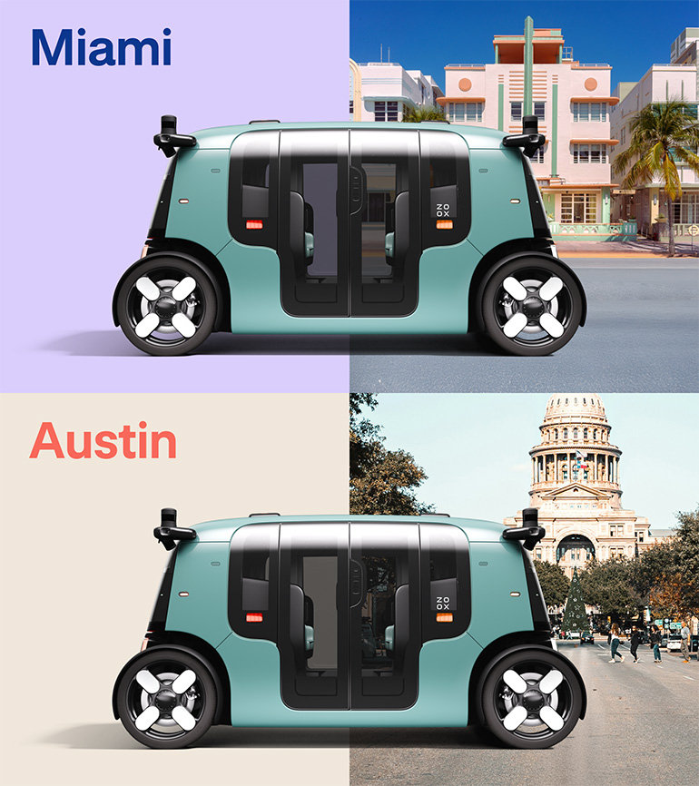 split screen shot of a zoox robotaxi in miami and austin