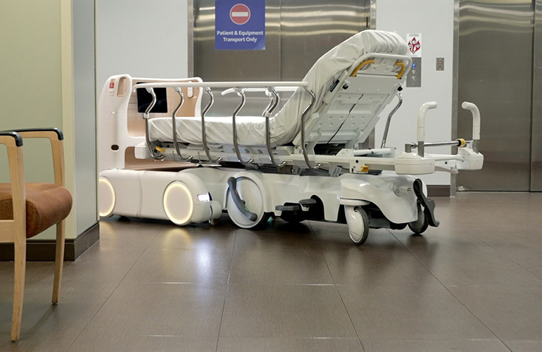 The Rovex robotic transport system with a hospital stretcher during a pilot at BayCare’s Morton Plant Hospital in Clearwater, Florida.