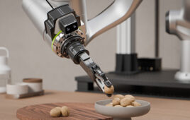 The Ouster Stereolabs ZED X Nano mounted onto a robotic arm picking nuts.