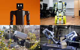 The K-Bot humanoid, Fauna Robotics' humanoid, RIVR's wheeled quadruped, and two robotic arms manipulating a box.