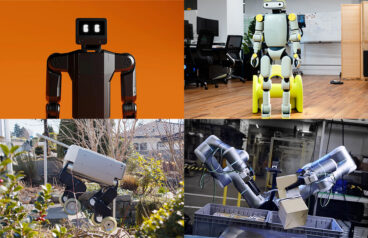 The K-Bot humanoid, Fauna Robotics' humanoid, RIVR's wheeled quadruped, and two robotic arms manipulating a box.