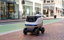 A sidewalk delivery robot. Agentic AI can combine perception, SLAM, reasoning, and planning in dynamic environments.