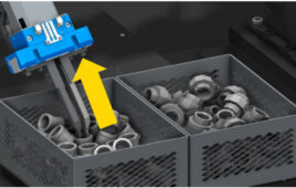 Bin picking simulation with physical engine, integrating FANUC and NVIDIA technology.