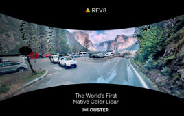 A color automotive point cloud. Ouster says its Rev8 OS is its first patented native-color lidar sensors with point-for-point 3D color vision.