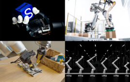 The Sanctuary AI hand holding a block, a robot arm picking a box, two robot arms folding clothes, and ABB's new line of cobots.