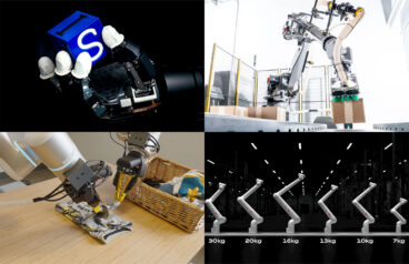 The Sanctuary AI hand holding a block, a robot arm picking a box, two robot arms folding clothes, and ABB's new line of cobots.