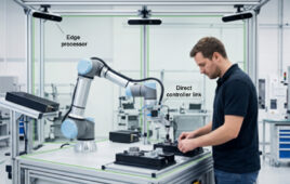 An image of a cobot showing where the direct controller link and edge processor are.