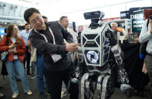 A Westwood Robotics humanoid at the 2025 Robotics Summit.