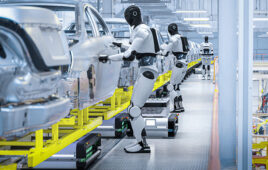 NEURA Robotics' 4NE1 humanoid robot and MAV mobile robots in a concept automotive assembly line.