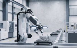 A robot arm uses sensors and physical AI for perception.