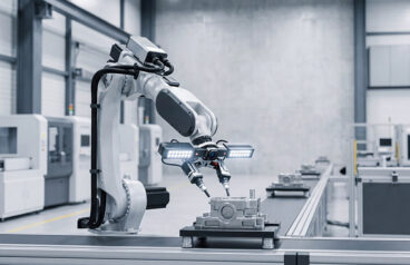 A robot arm uses sensors and physical AI for perception.