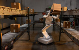 Genesis' Eno robot moving boxes in a warehouse in Sunnyvale, Calif.