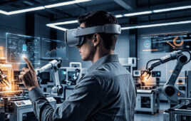 A person using VR goggles to interact with a robot.
